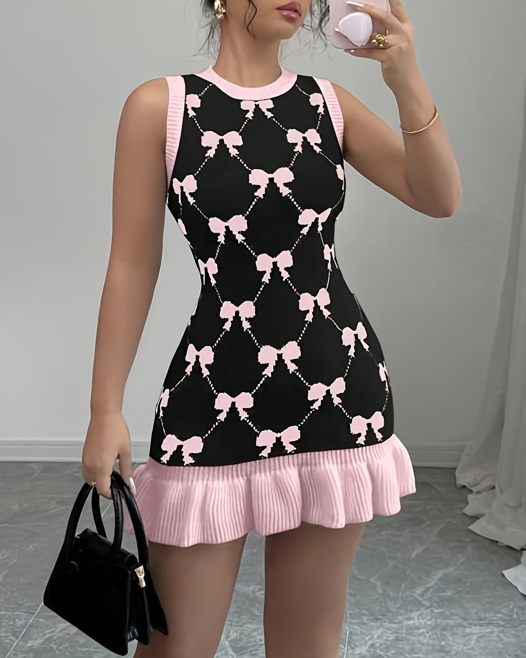 Ribbon Bow Knit Mini Dress With Ruffle Hem - Black