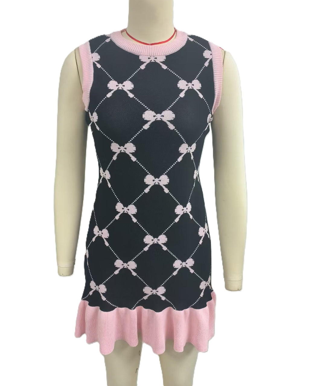 Ribbon Bow Knit Mini Dress With Ruffle Hem - Black - 2