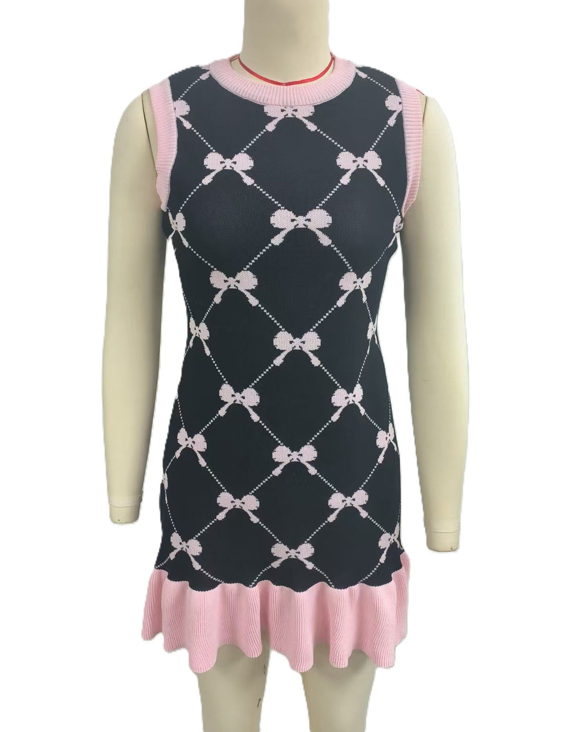 Ribbon Bow Knit Mini Dress With Ruffle Hem - Black - 2