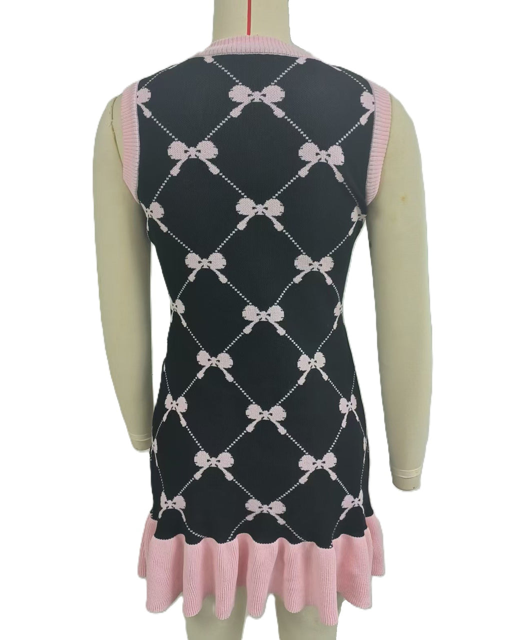 Ribbon Bow Knit Mini Dress With Ruffle Hem - Black - 3