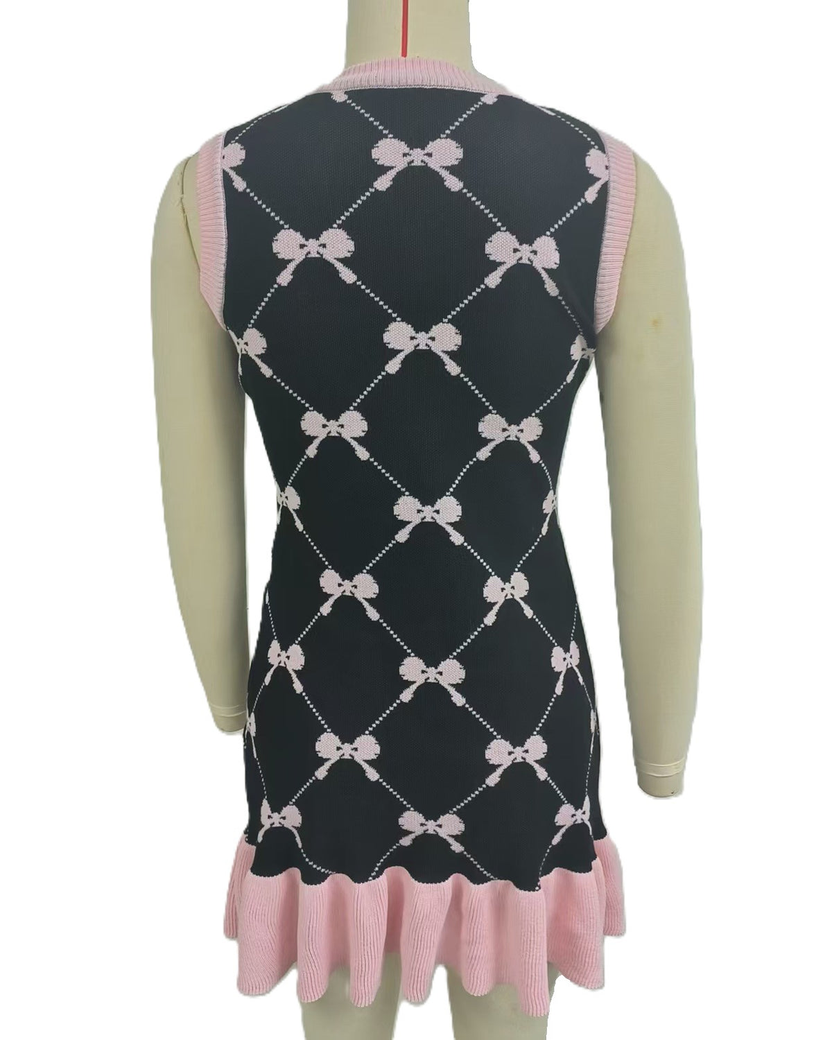 Ribbon Bow Knit Mini Dress With Ruffle Hem - Black - 3