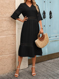Crochet Lace Trim Flared Sleeve Midi Dress - Black
