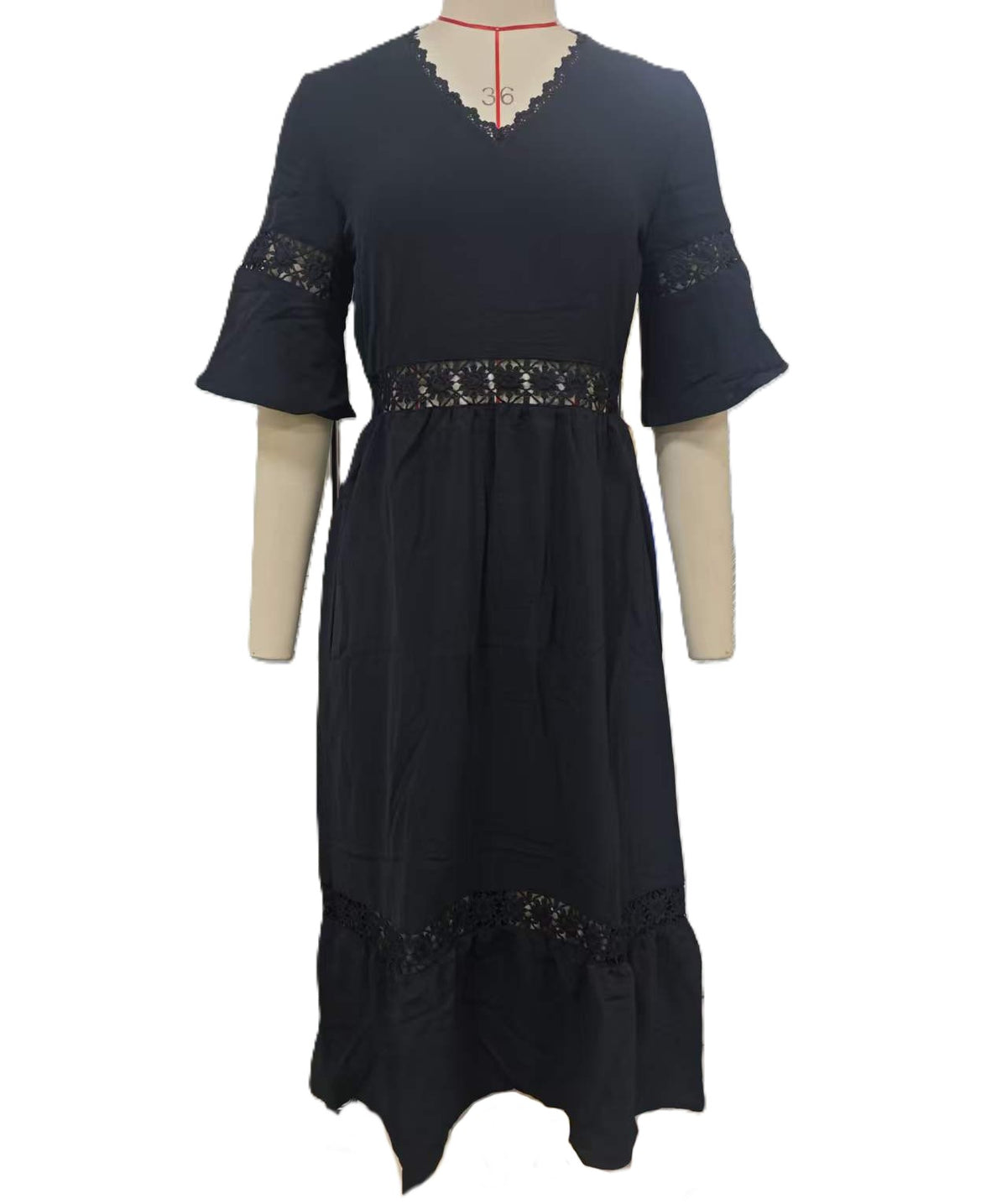 Crochet Lace Trim Flared Sleeve Midi Dress - Black - 1