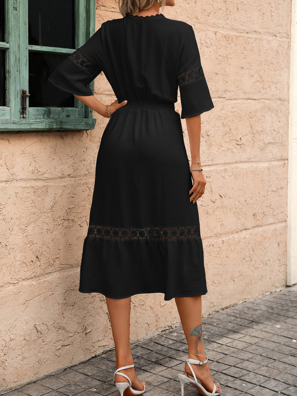 Crochet Lace Trim Flared Sleeve Midi Dress - Black - 2