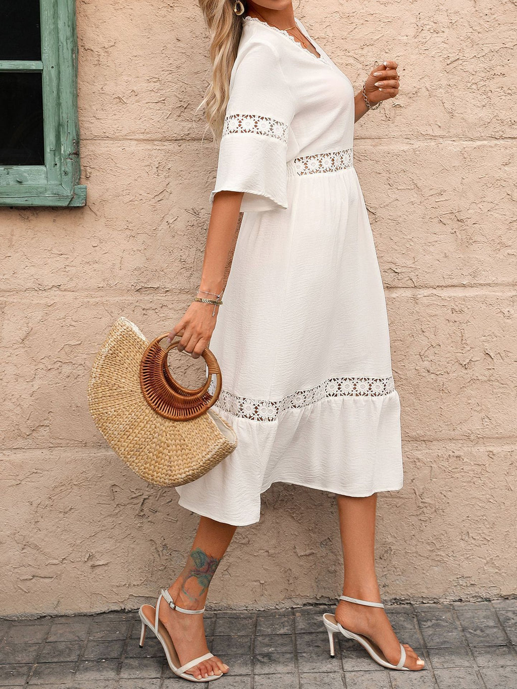 Crochet Lace Trim Flared Sleeve Midi Dress - White - 1