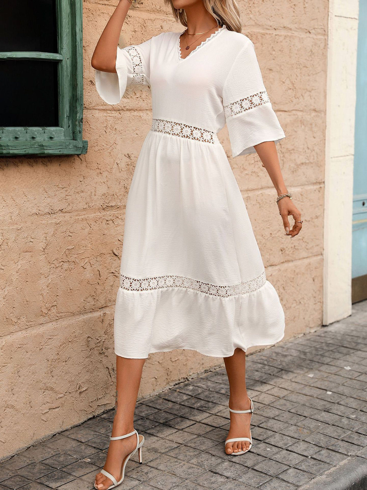 Crochet Lace Trim Flared Sleeve Midi Dress - White - 2
