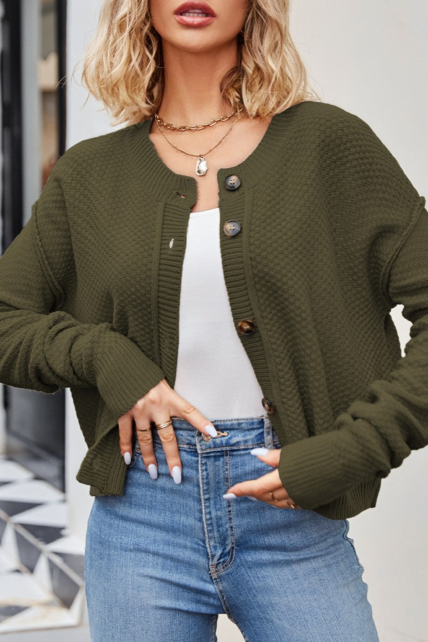 Exposed Seam Cropped Button Front Cardigan - Olive