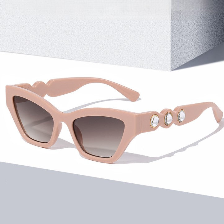 Crystal Stud Temple Cat Eye Sunglasses - Beige