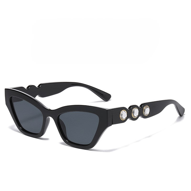 Crystal Stud Temple Cat Eye Sunglasses - Black