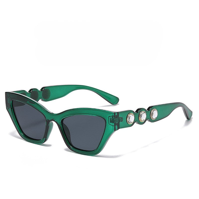 Crystal Stud Temple Cat Eye Sunglasses - Green