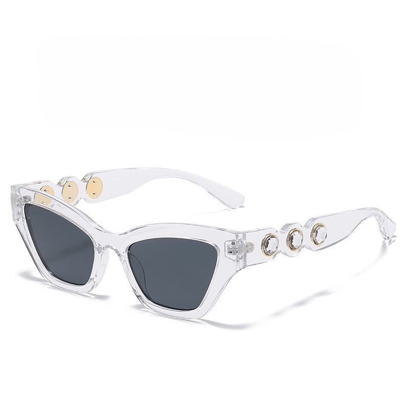 Crystal Stud Temple Cat Eye Sunglasses - White-1