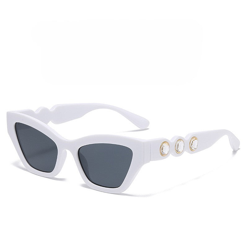Crystal Stud Temple Cat Eye Sunglasses - White-2