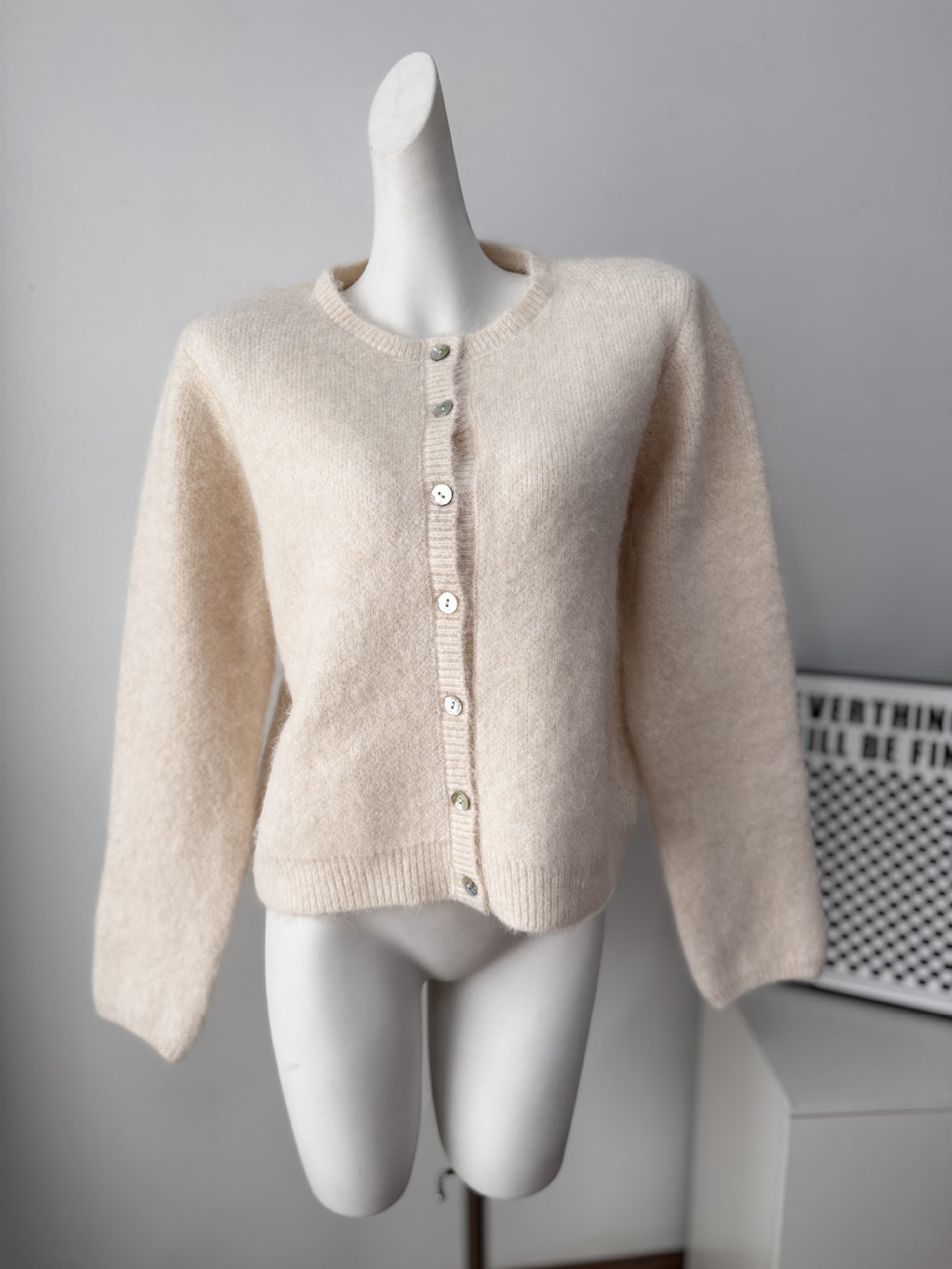 Fuzzy Knit Crew Neck Button Front Boxy Cardigan - Apricot