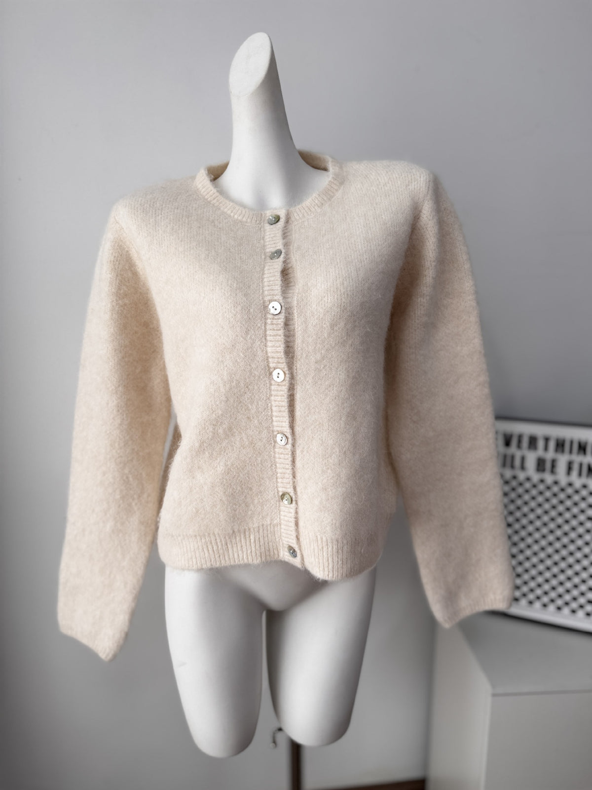 Fuzzy Knit Crew Neck Button Front Boxy Cardigan - Apricot