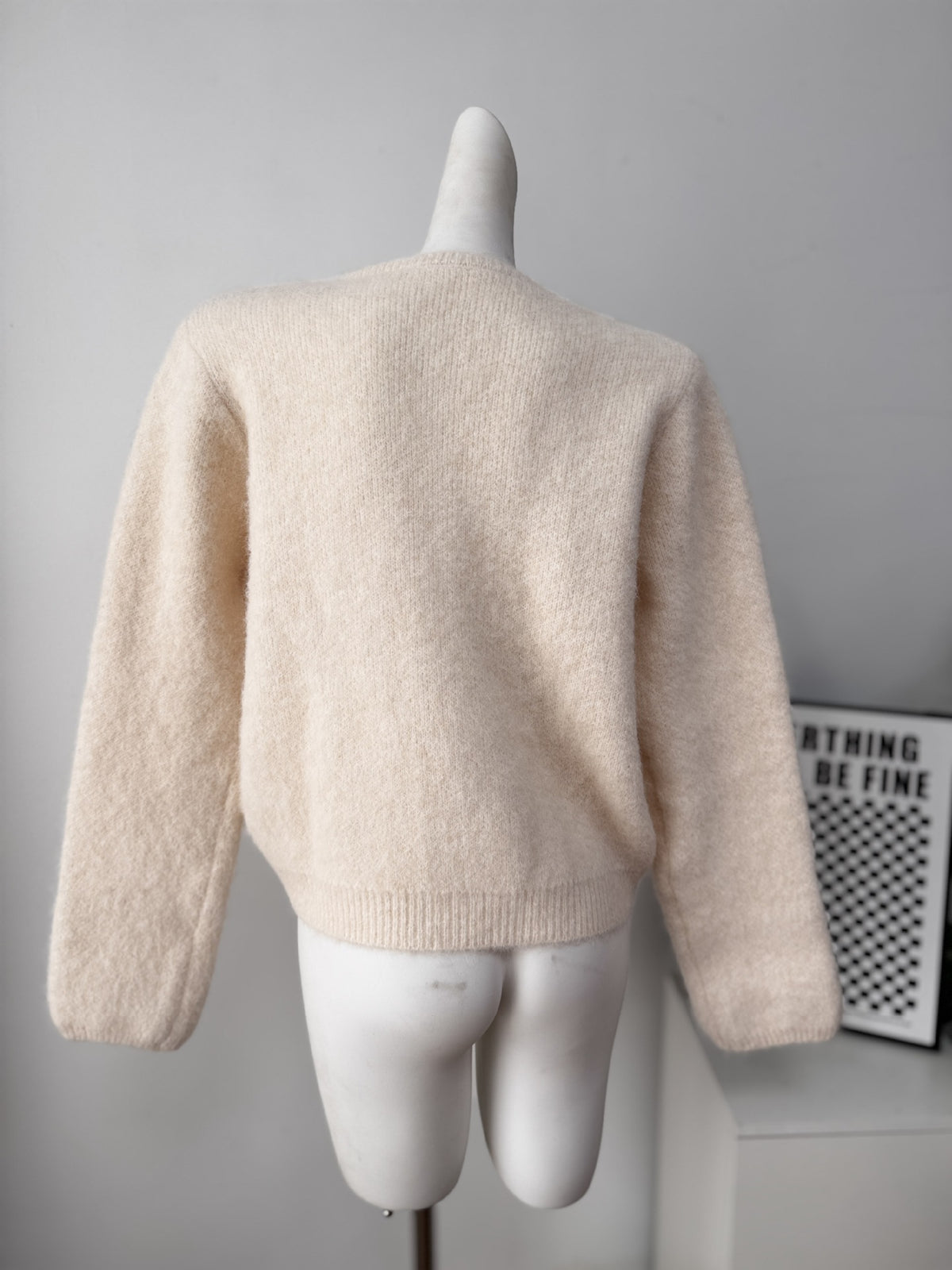 Fuzzy Knit Crew Neck Button Front Boxy Cardigan - Apricot - 1