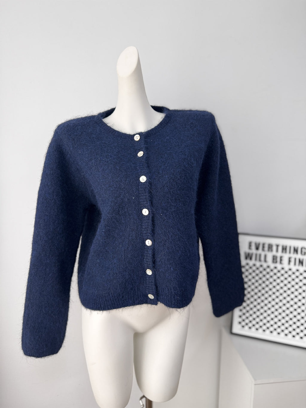 Fuzzy Knit Crew Neck Button Front Boxy Cardigan - NavyBlue