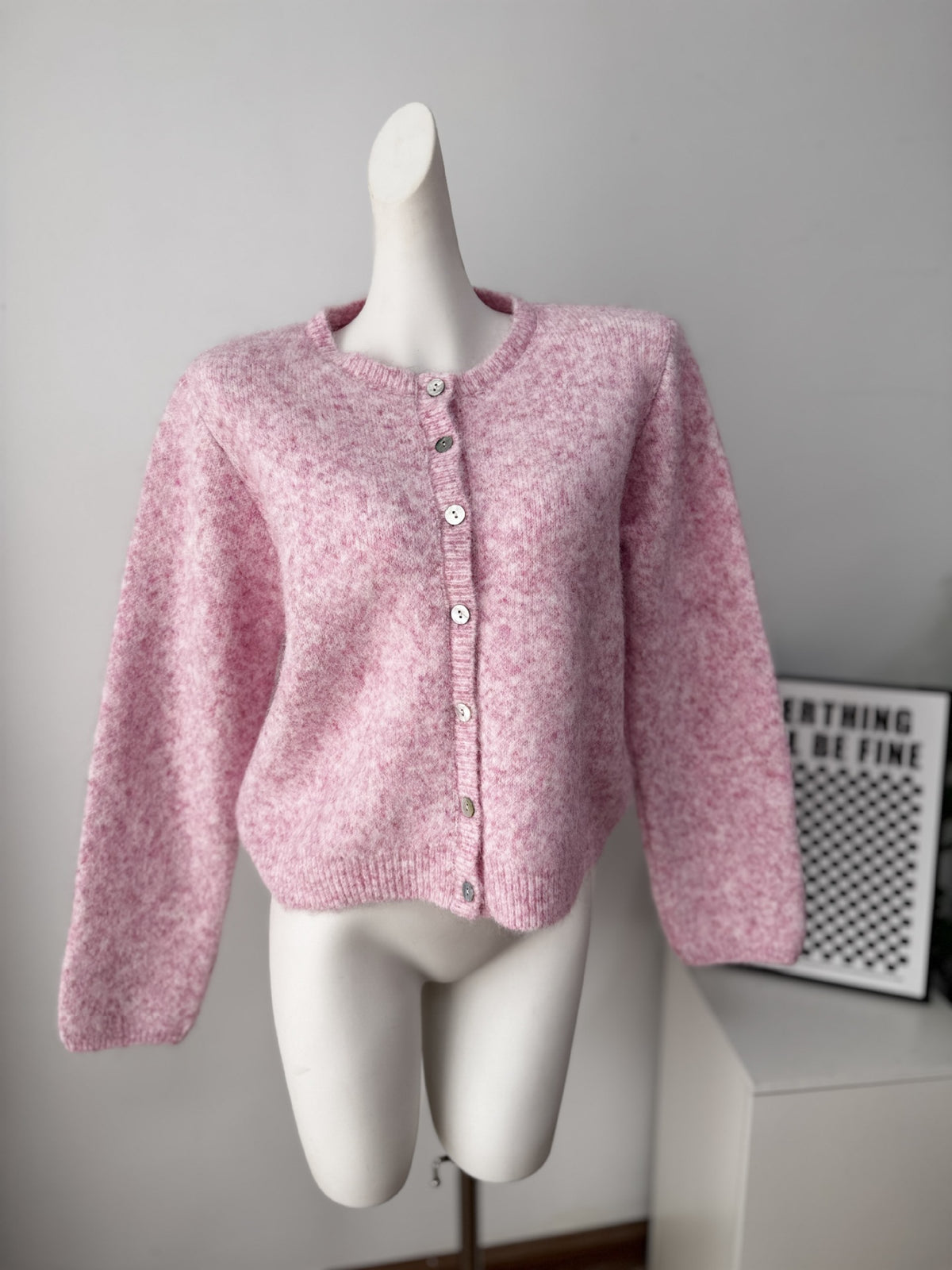 Fuzzy Knit Crew Neck Button Front Boxy Cardigan - Pink