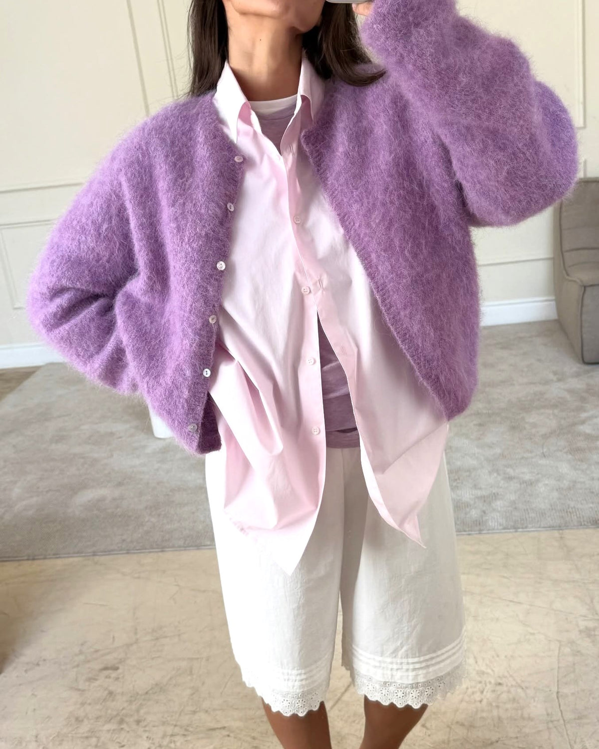 Fuzzy Knit Crew Neck Button Front Boxy Cardigan - Purple