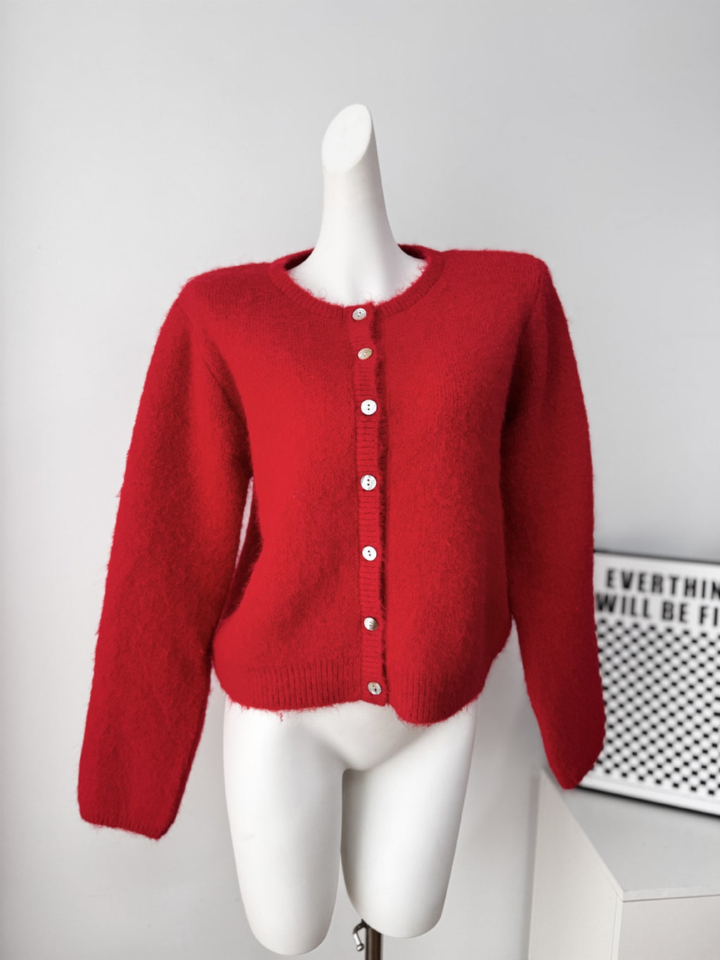 Fuzzy Knit Crew Neck Button Front Boxy Cardigan - Red