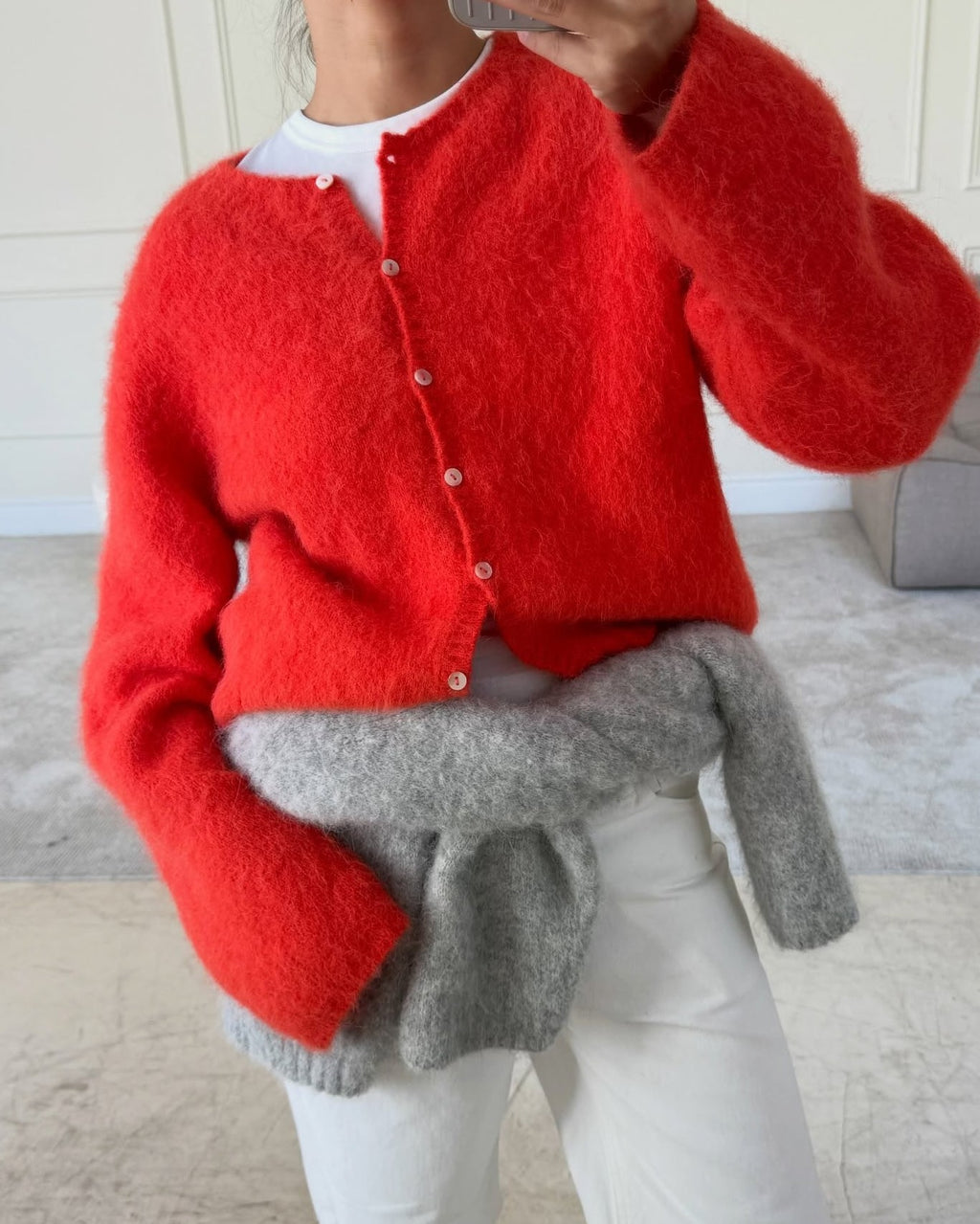 Fuzzy Knit Crew Neck Button Front Boxy Cardigan - Red - 1