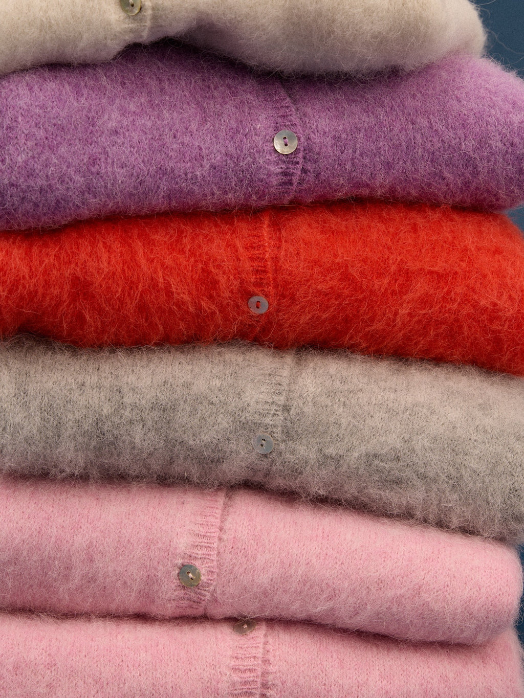 Fuzzy Knit Crew Neck Button Front Boxy Cardigan - Red - 2