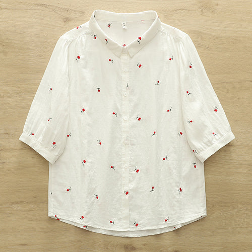 Allover Embroidered Half Sleeve Cotton Shirt - Cherry