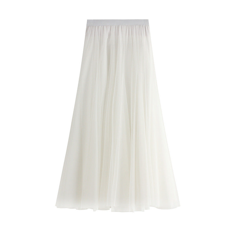 Full Sweep Pleated Tulle Midi Skirt - 01-White