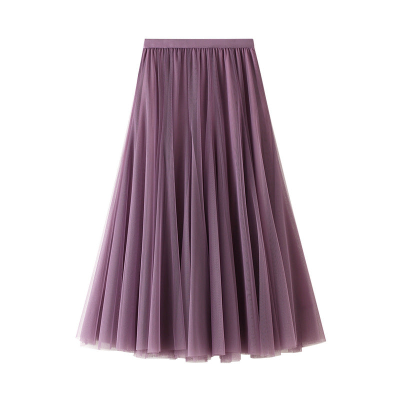 Full Sweep Pleated Tulle Midi Skirt - 02-Purple