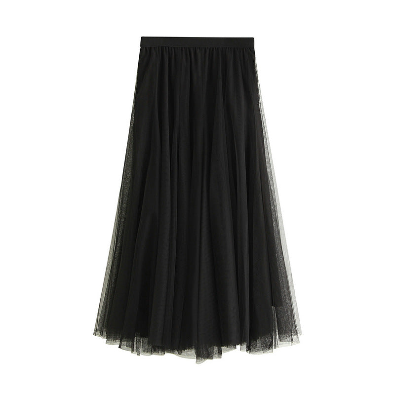 Full Sweep Pleated Tulle Midi Skirt - 03-Black