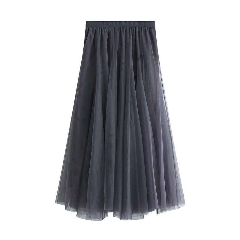 Full Sweep Pleated Tulle Midi Skirt - 05-Grey