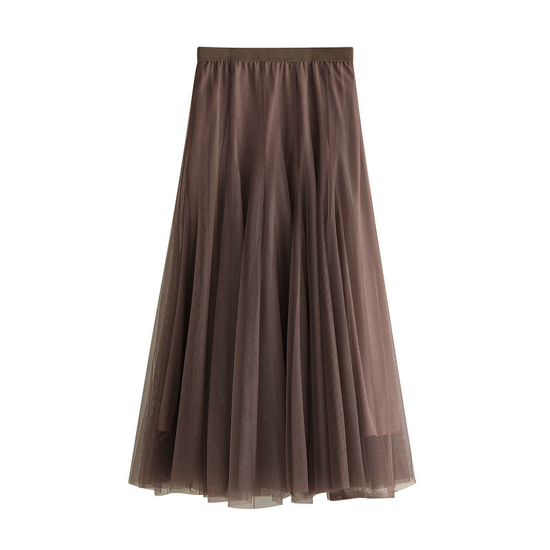 Full Sweep Pleated Tulle Midi Skirt - 07-Brown