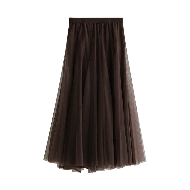 Full Sweep Pleated Tulle Midi Skirt - 08-Coffee