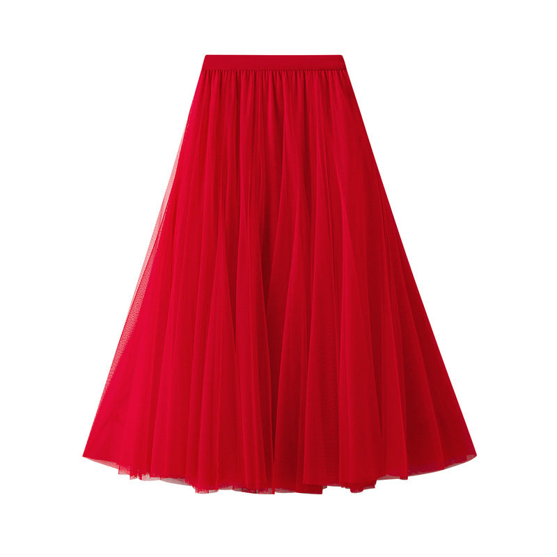 Full Sweep Pleated Tulle Midi Skirt - 11-Red