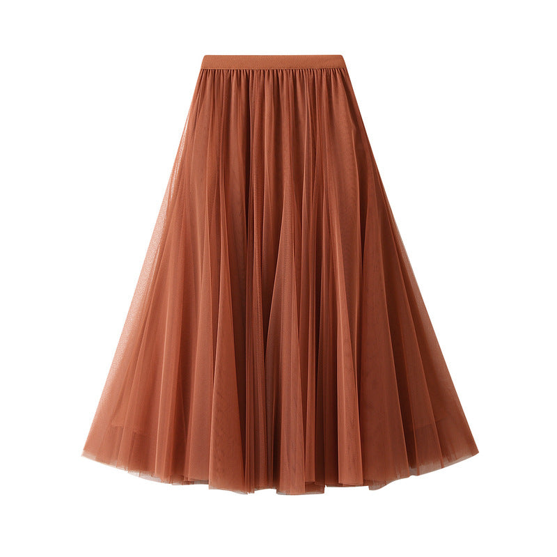 Full Sweep Pleated Tulle Midi Skirt - 14-Rust