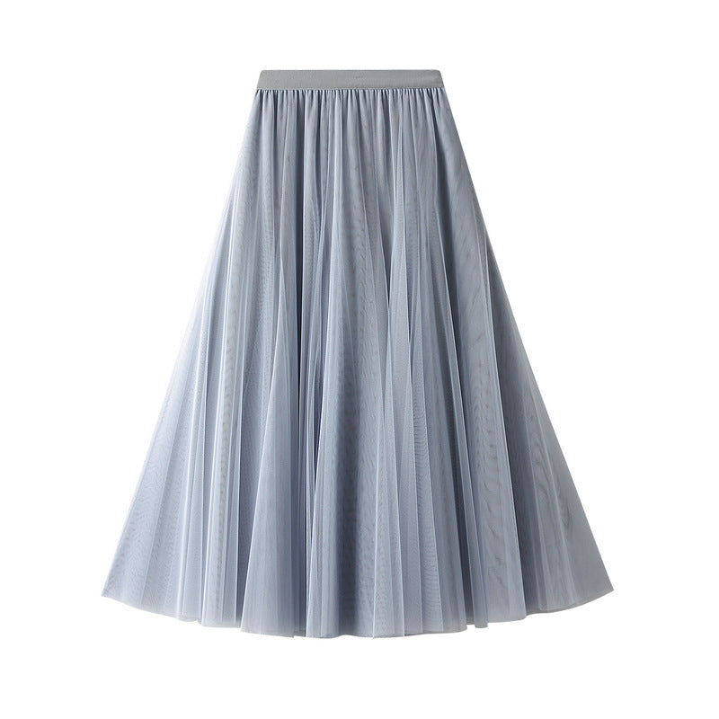 Full Sweep Pleated Tulle Midi Skirt - 17-Gy blue