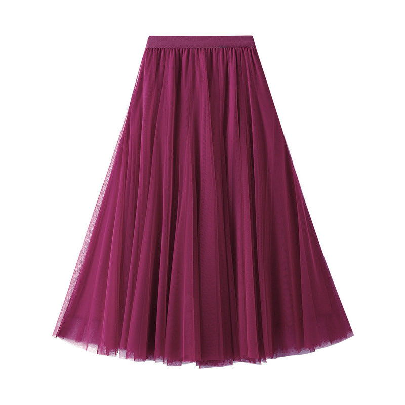 Full Sweep Pleated Tulle Midi Skirt - 18-Berry