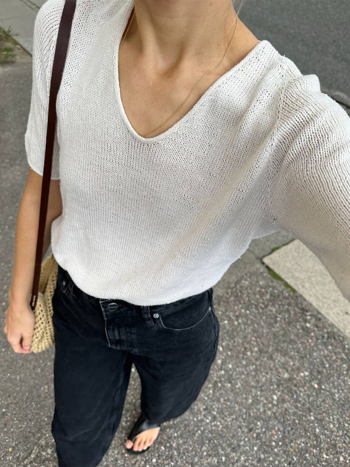 Relaxed Knit V Neck Short Sleeve T-Shirt