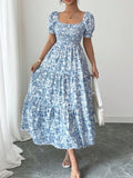 Smocked Puff Sleeve Floral Midi Dress - Blue