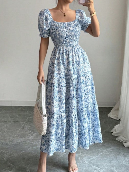 Smocked Puff Sleeve Floral Midi Dress - Blue - 1