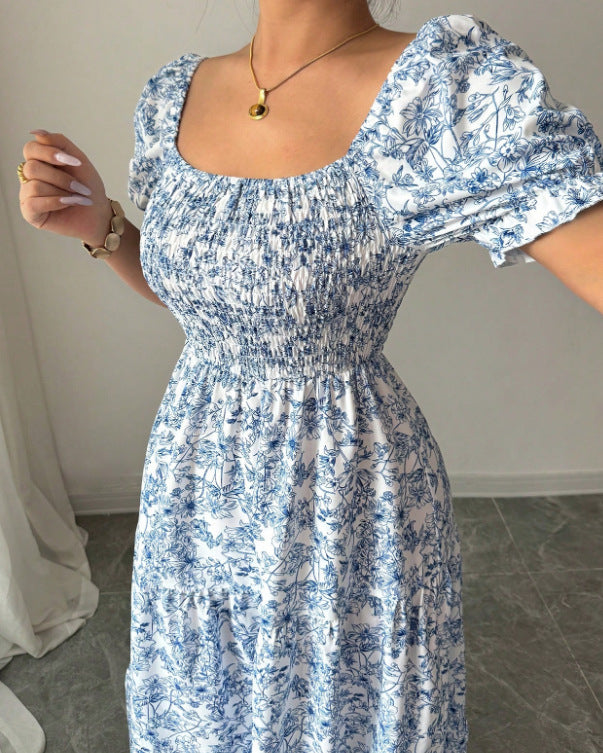Smocked Puff Sleeve Floral Midi Dress - Blue - 2