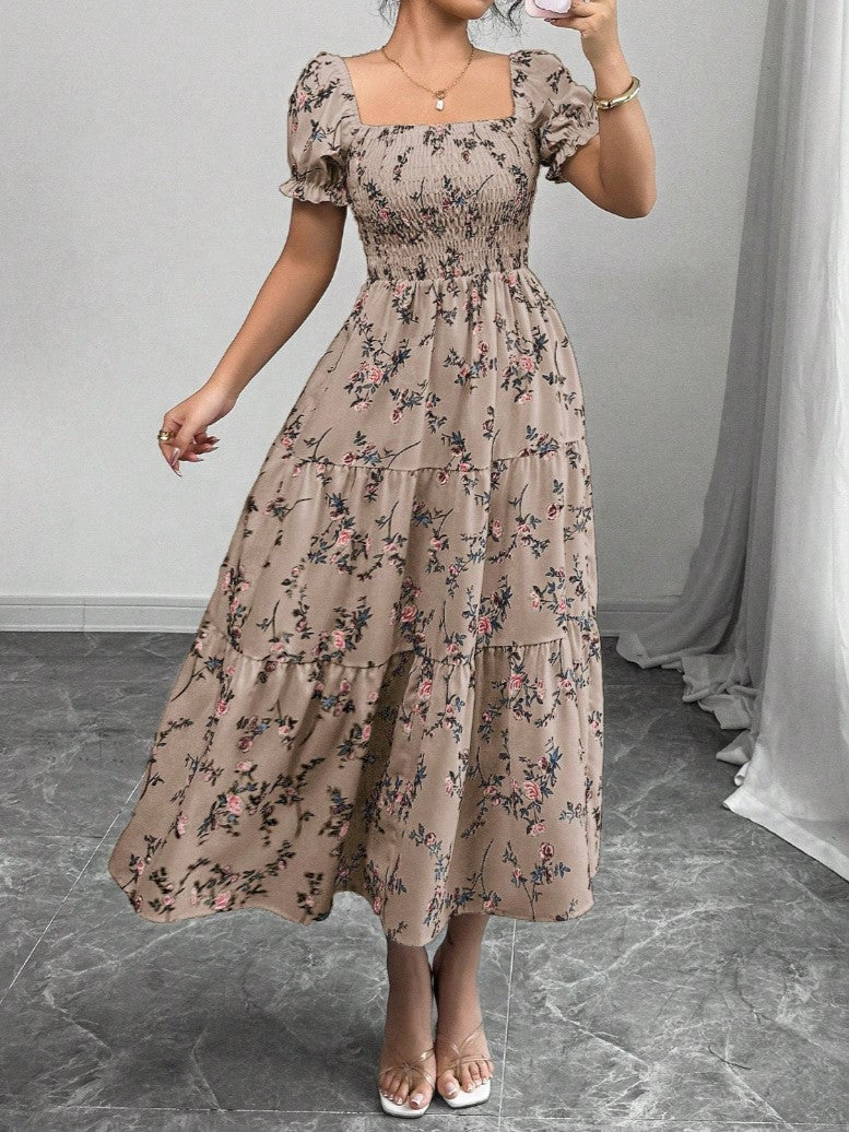 Smocked Puff Sleeve Floral Midi Dress - Coffee