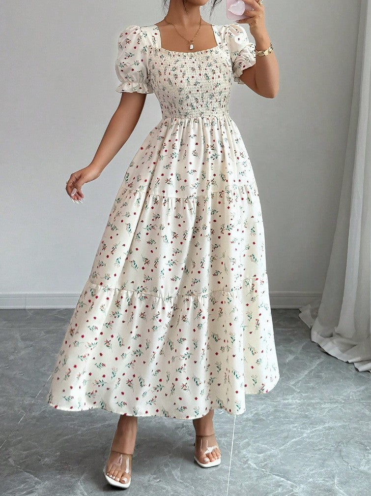 Smocked Puff Sleeve Floral Midi Dress - Decor