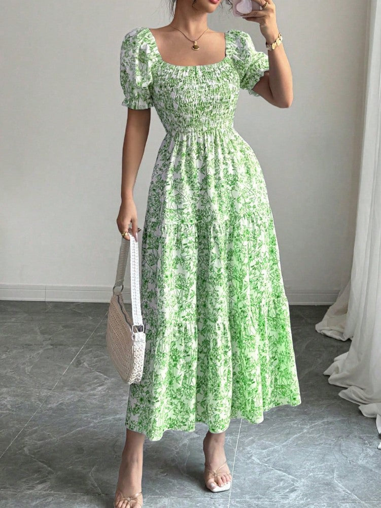 Smocked Puff Sleeve Floral Midi Dress - Green