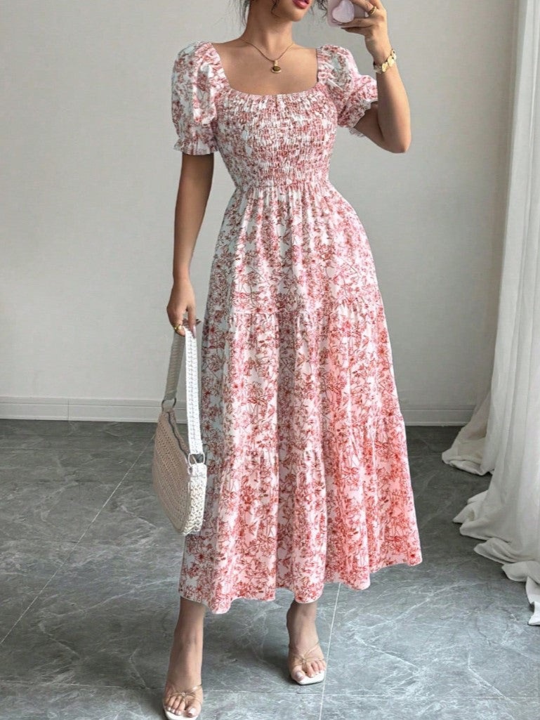 Smocked Puff Sleeve Floral Midi Dress - Red