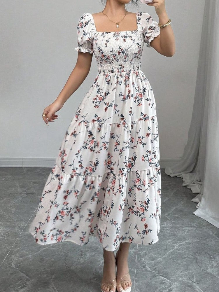Smocked Puff Sleeve Floral Midi Dress - White