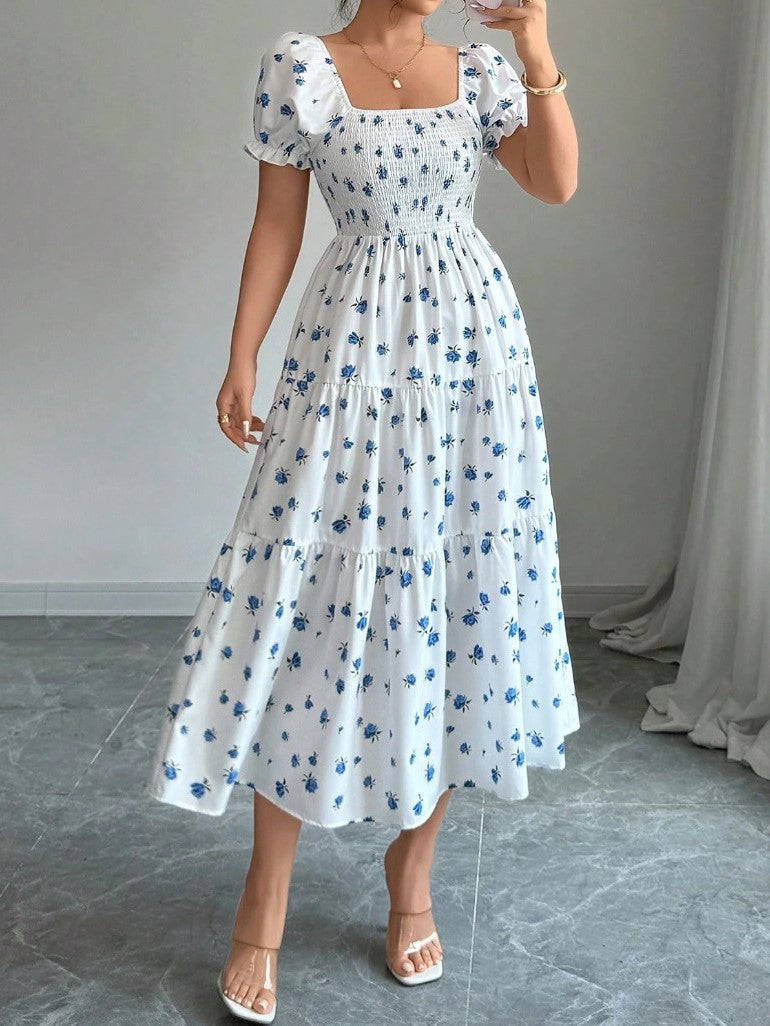 Smocked Puff Sleeve Floral Midi Dress - White_B