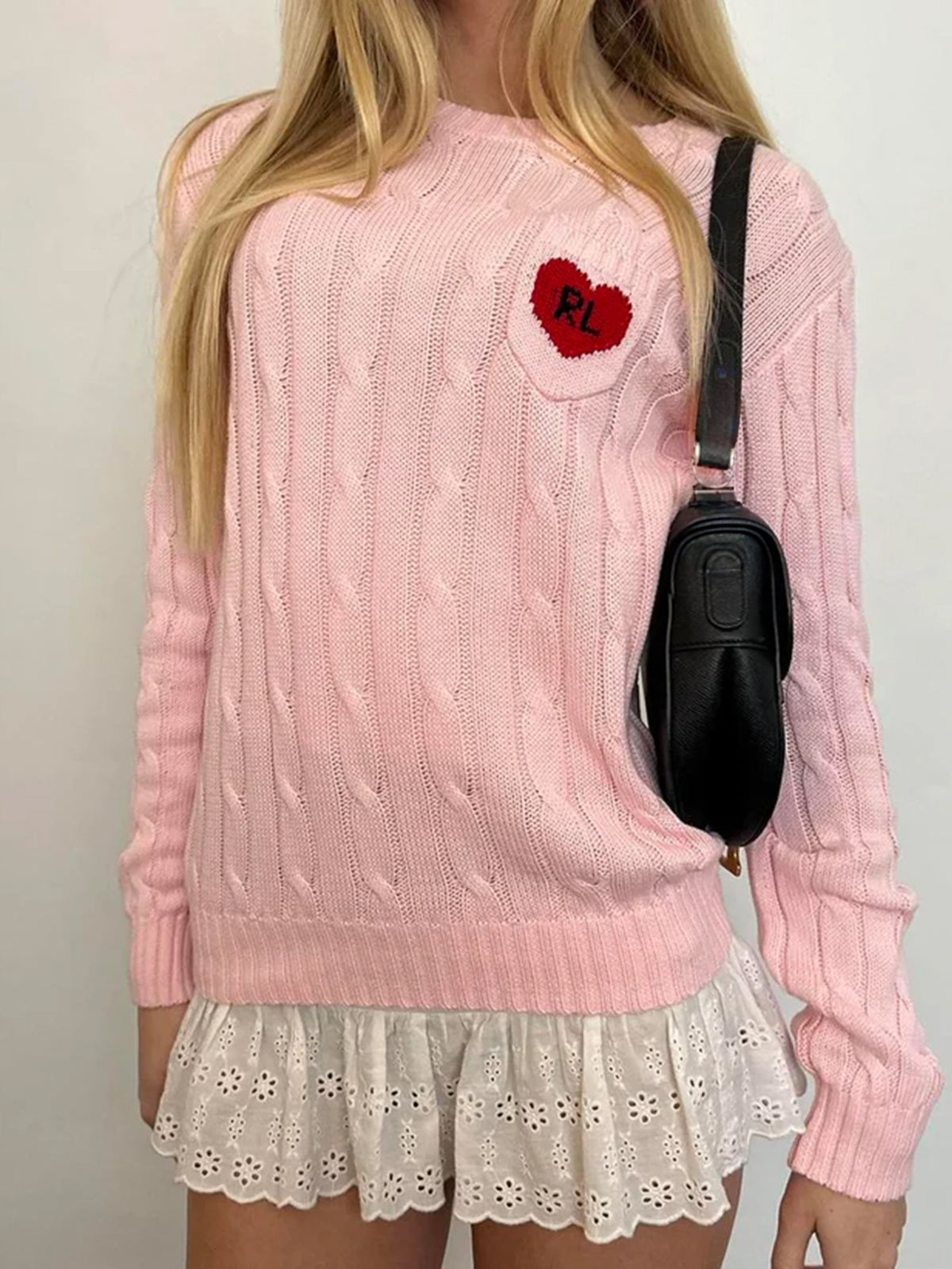 Cable Knit Sweater With Heart Patch - Pink