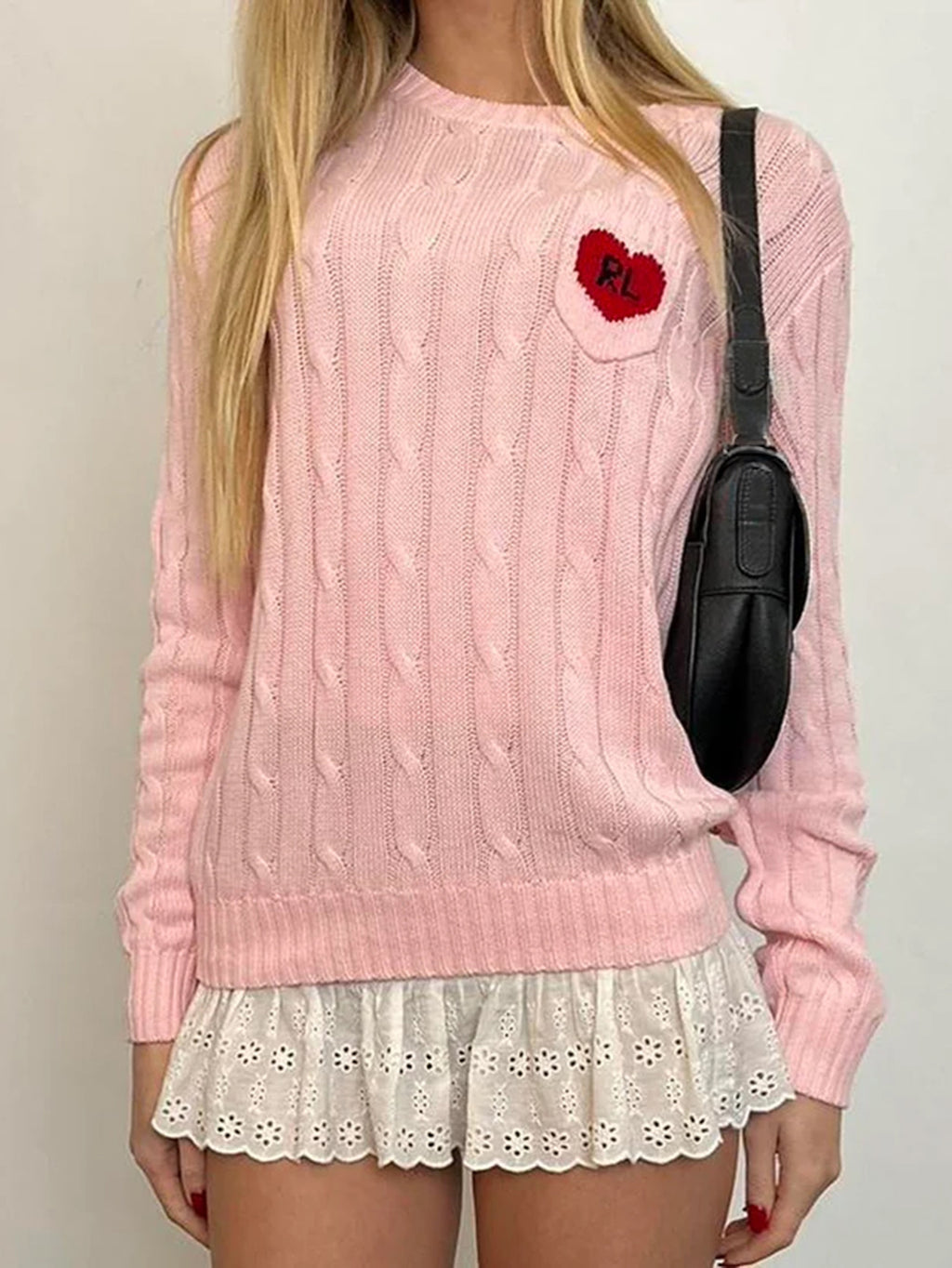 Cable Knit Sweater With Heart Patch - Pink - 2
