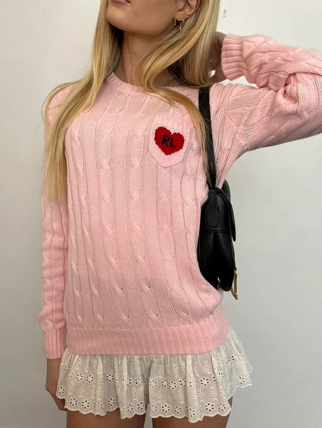 Cable Knit Sweater With Heart Patch - Pink - 3