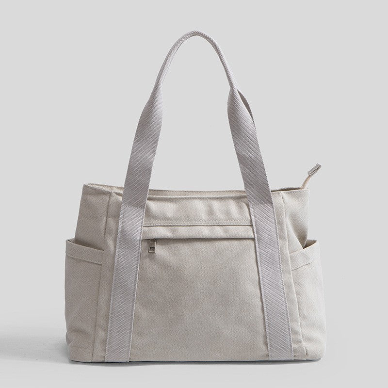 Utility Canvas Tote Bag with Side Pockets - Cream
